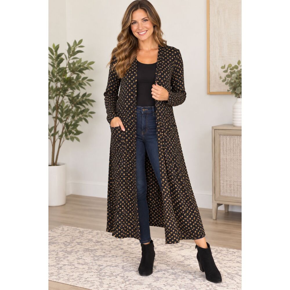 New LuLaRoe Womens Size Large Sarah Cardigan Black Metallic Polka Dot Duster